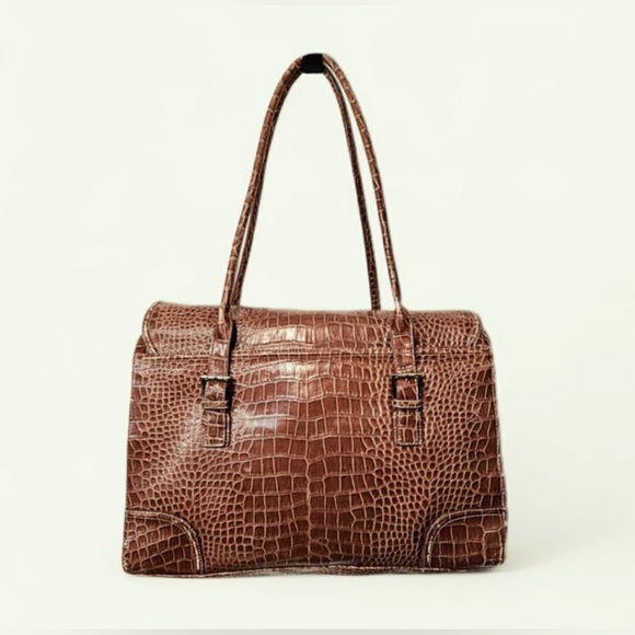 Liz Claiborne Large Brown Croc Embossed Leather Laptop Satchel Purse Tote Bag - Picture 2 of 15